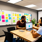 **

A brightly lit, modern coworking space filled with diverse professionals collaborating.  Focus on a mixed group engaged in a brainstorming session, with sticky notes on a whiteboard.  Include laptops, coffee cups, and plants to create a vibrant and energetic atmosphere.  Emphasize the sense of community and shared innovation.

**