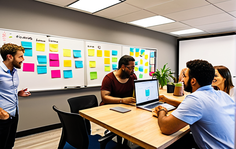 **
A brightly lit, modern coworking space filled with diverse professionals collaborating. Focus on a mixed group engaged in a brainstorming session, with sticky notes on a whiteboard. Include laptops, coffee cups, and plants to create a vibrant and energetic atmosphere. Emphasize the sense of community and shared innovation.
**