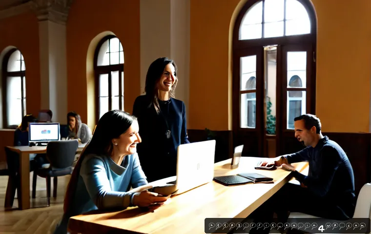 Home 11 코워킹 스페이스에서의 고객 유지 전략 - Photorealistic Italian coworking space in Milan, warm morning sunlight through tall windows, a frien...